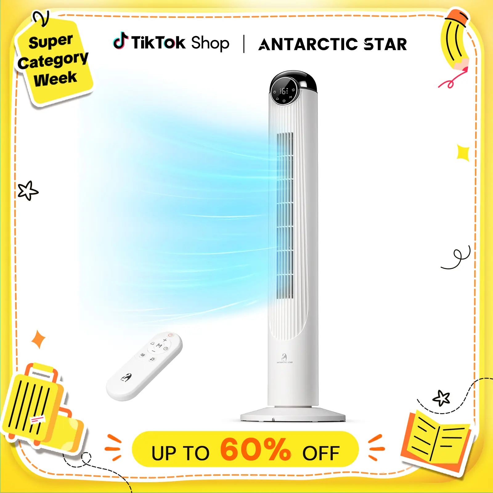 【BackToSchool】Antarctic Star T42 Tower Fan for Bedroom, 2026 Upgraded DC Motor, 26ft/s High Velocity, 22dB Ultra Quiet Standing Fan, 6 Speeds 4 Modes, 90° Oscillating Bladeless Fan with 9H Timer, Floor Fans with Remote, White tiktokshopbacktoschool