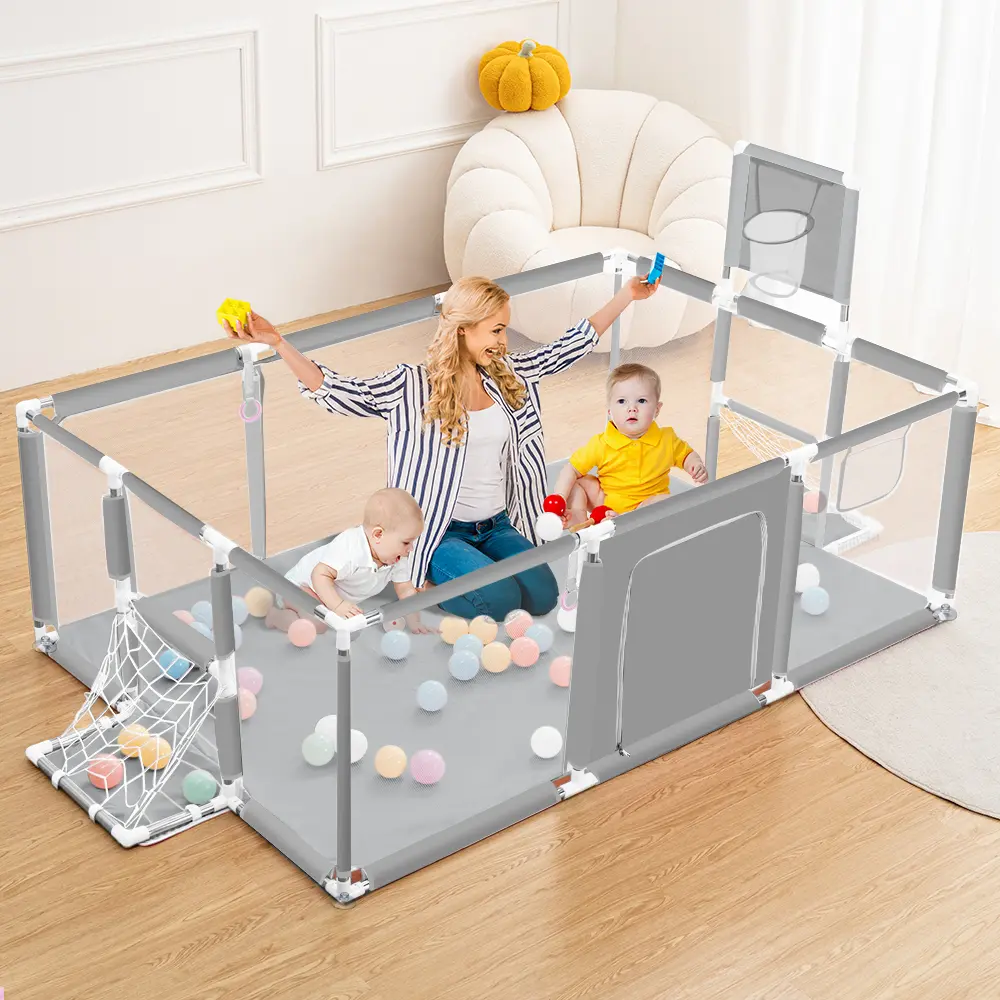 Safety Play Yard for Babies (3-6 Months) - Rectangular Durable Playpen, 71.6x47.96x25.2in Nursery Center with Breathable Mesh Walls, Basketball Hoop, Sturdy Portable Design, Prevents Small Ball Choking Hazard, Encourages Activity (Indoor/Outdoor Use)