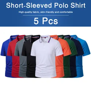 LEDUNTINO Pack of 5 - Men's Quick Dry Color Block Striped Polo Shirt, Classic Button-Down Collar Top, Trendy Casual Sports Short Sleeve Polo, Suitable for Everyday Activities, Playing Ball, Golf, Outdoor Sports