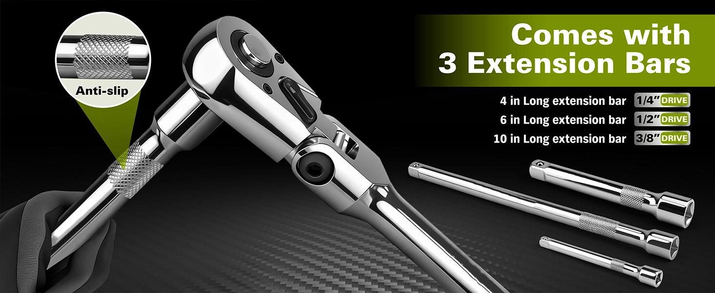 SEESE 10 Piece Flex Head Ratchet Set, 1/4", 3/8" and 1/2" Drive Swivel Head Ratchet Wrench with Extension Bar and 4pc Adapter, 72-Tooth Flexible Wrench Handle with Quick-Release Reversible Design