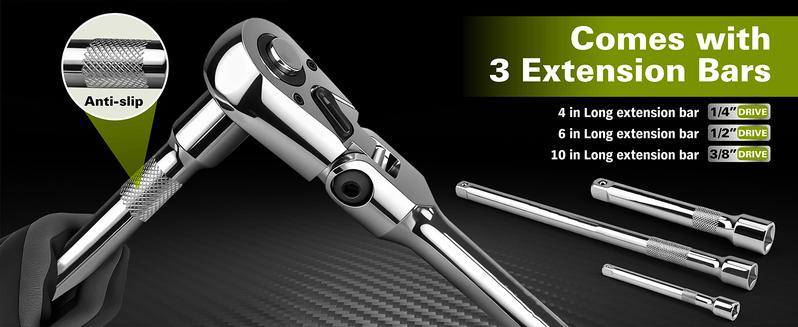 SEESE 10 Piece Flex Head Ratchet Set, 1/4", 3/8" and 1/2" Drive Swivel Head Ratchet Wrench with Extension Bar and 4pc Adapter, 72-Tooth Flexible Wrench Handle with Quick-Release Reversible Design