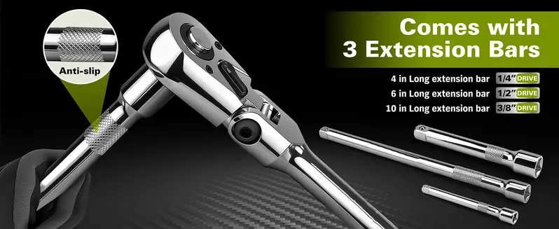 SEESE 10 Piece Flex Head Ratchet Set, 1/4", 3/8" and 1/2" Drive Swivel Head Ratchet Wrench with Extension Bar and 4pc Adapter, 72-Tooth Flexible Wrench Handle with Quick-Release Reversible Design, Halloween gifts