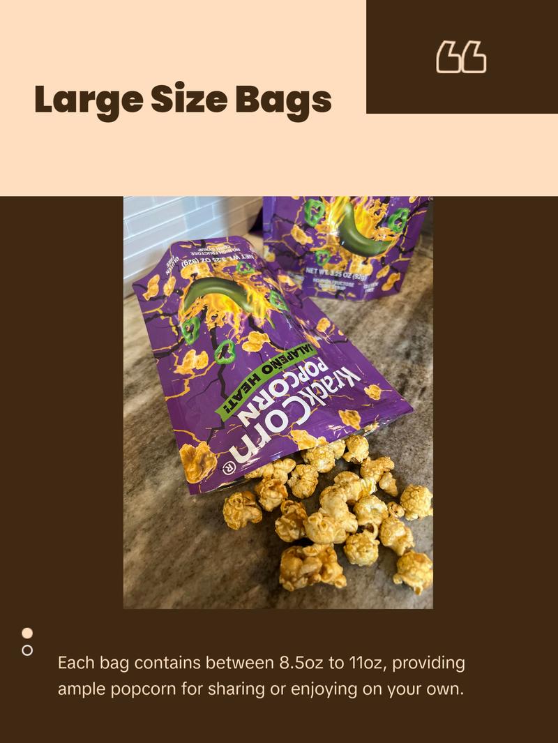 KrackCorn Popcorn Large 5-Bag Variety Pack+FREE Bag! Three Flavors. Crunchy Caramel. Savory Cheese. Spicy Jalapeno Heat. Gluten Free. Non GMO Corn. No High Fructose Corn Syrup.