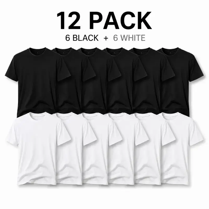 Men's Cotton-Poly Blend Plain T-Shirts 12-Pack (6 Black+6 White) - Casual Streetwear Crew Neck Short Sleeve Oversized Cut Soft Fabric Loose-Fit Baggy Basic Tops