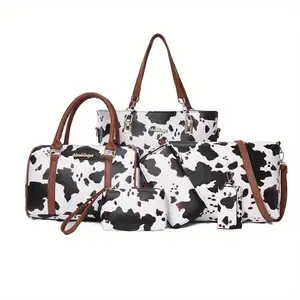 6-piece fashionable cow pattern handbag set, shoulder bag, crossbody bag, anti fouling and wrinkle resistant handbag (gift)