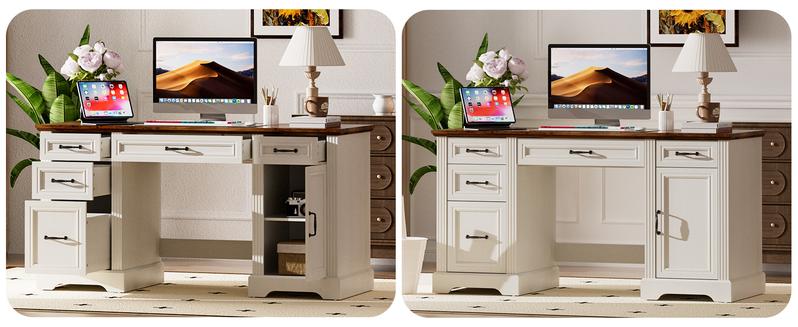 Spurgehom 58 Inch Executive Desk, Farmhouse Style Computer Desk with Drawers & Storage Cabinet, Wooden Home Office Desk Workstation, Study Writing Table for Home Office