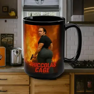 (Sale up to 55% + Freeship) Thiccolas Cage Ceramic Mug, 15 oz. Nicolas Cage Cup, Gag Gift, Funny Mug, Ugly Mug, White Elephant, Joke Gift Mug, Silly Work Gift