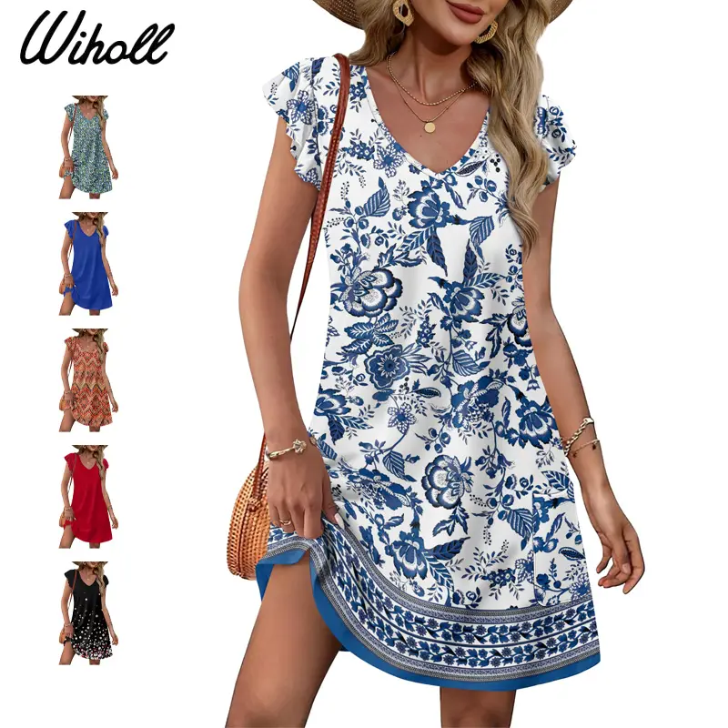 WIHOLL Women's Summer Casual Dress - Ruffle Sleeve, V-Neck, Loose Swing Style with Pockets, Plain/Print 01, Beach Outfits, Women's Clothing, Lady, Clothes For Women