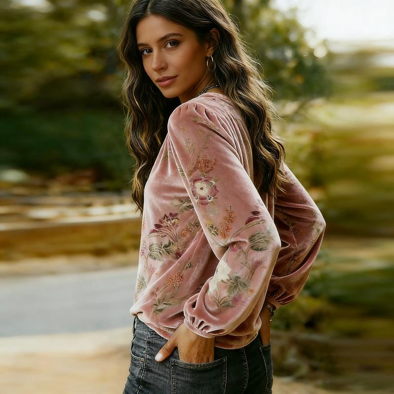 Vintage Floral Print Long Sleeve Velvet Top Elegance Soft Cute Fall Outfits Women's Clothes Going Outfits Womenswear