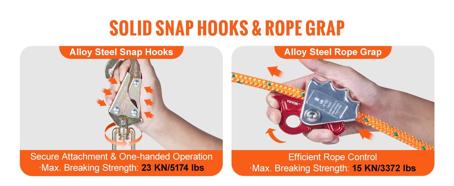 VEVOR Steel Core flipline, TikTokShopBlackFriday, 1/2" x 8' Arborist Flipline, Flip Line for Tree Climbing with Alloy Steel Snap Hook, Aluminum Alloy Carabiner and Extra Tool Lanyard, for Arborist, Tree Climbers