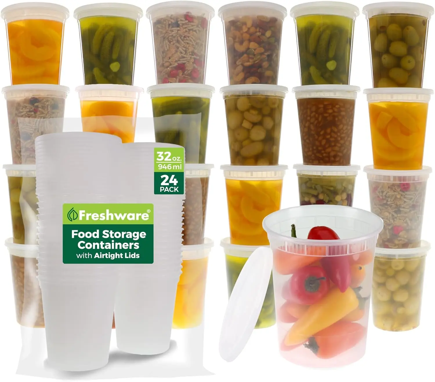 FRESHWARE 32oz Lightweight BPA-Free Plastic Container Set (24 Pack) - Leakproof Airtight Stackable Deli Containers with Lids for Lunch, Meal Prep, Soup; Microwave, Freezer & Dishwasher Safe, Leakproof Lunch Container
