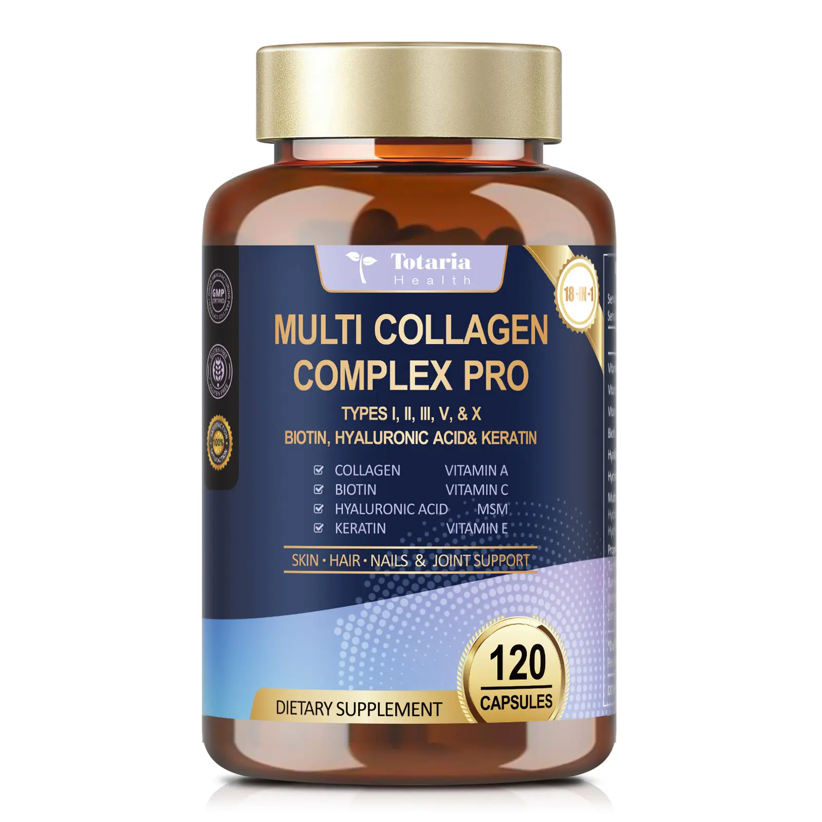 Totaria 18-in-1 Collagen Pro with Hyaluronic Acid Keratin Biotin VIT A C & E for Skin Hair Nails Joint Beauty 120 Capsules Made in USA - Healthcare,travel essentials