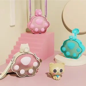 400ml Cute Cat Paw Straw Water Bottle with Strap and Lanyard Portable Plastic Drinking Cup