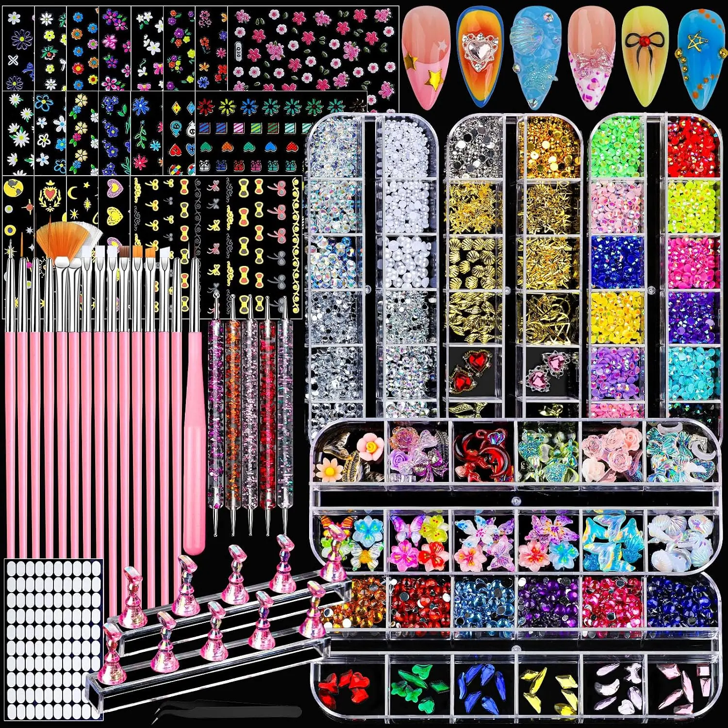 Cozy Fall Halloween Gift Nail Art Kit, 5 Boxes Nail Charms and Gems for Bedazzling with 2 Set Press On Nail Stand, 20 Sheets Nail Stickers&15 Pink Nail Art Brushes&5 Nail Dotting Tools, Nail Supplies for Nail Design