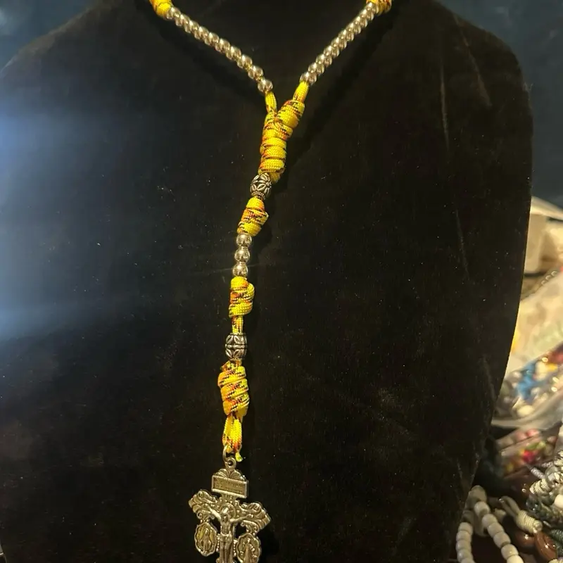 Handmade paracord 5 decade rosary blessed “ The Eric” Yellow fire camo, and silver