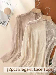 2pcs Lace Top, Semi-transparent, with a Hint of Gentle Allure High-stretch Fabric Wraps Shirts Long Sleeve Form-fitting Material Comfortable