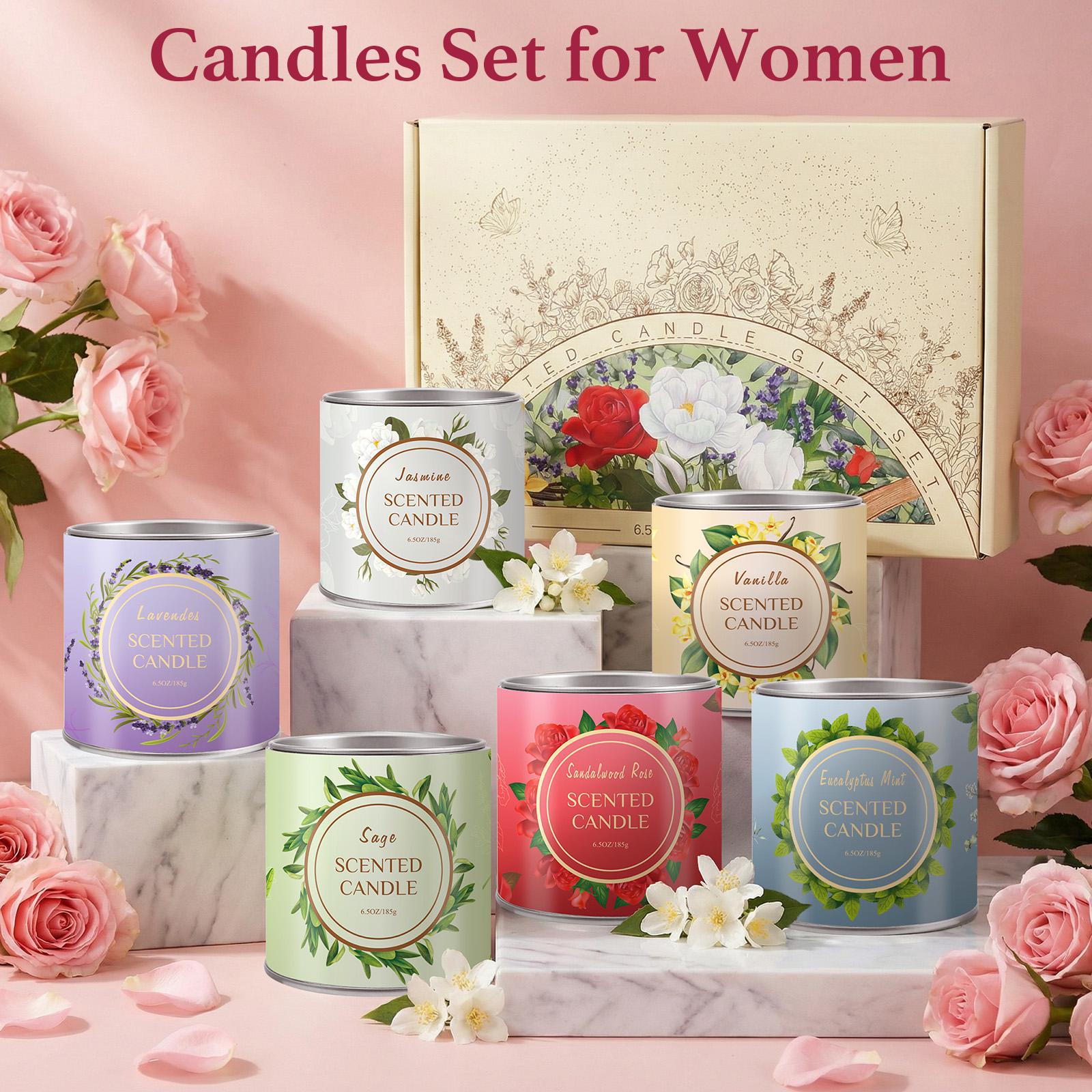 Scented Candle Gift Set for Women, 6 Pack, 39 oz Total, 6.5 oz Each, Jasmine, Lavender, Vanilla, Sage, Sandalwood Rose, Eucalyptus Mint, Aromatherapy Candles for Home, Gifts for Women Scented Candle Gift Set for Women, 6 Pack, 39 oz Total, 6.5 oz Each, Jasmine, Lavender, Vanilla, Sage, Sandalwood Rose, Eucalyptus Mint, Aromatherapy Candles for Home, Gifts for Women