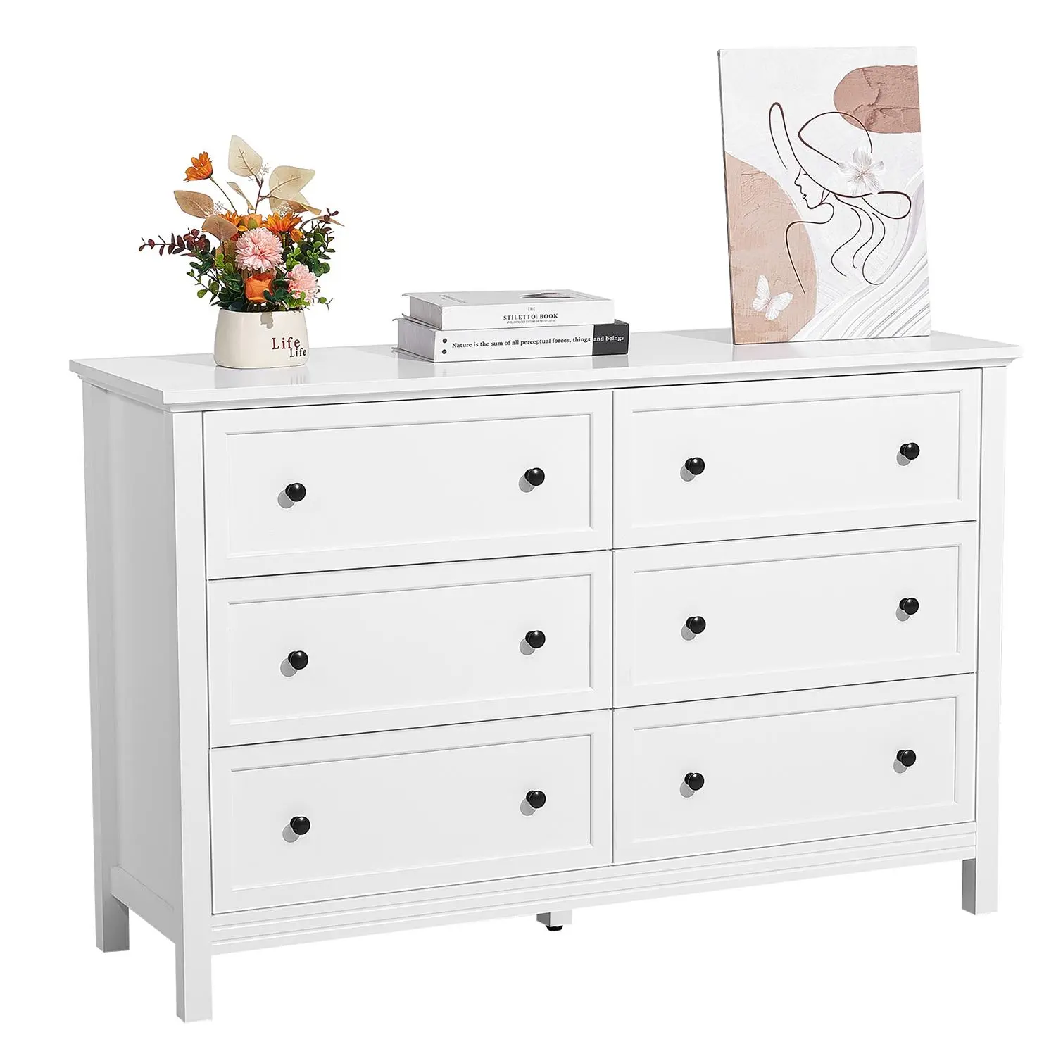 【SummerFinds】VEVOR 6 Drawer Dresser,  Wooden Chest of Drawers with Sliding and Anti-tip Device, Retro Minimalist Dresser Chest, Closet Storage TV Stand Organizer for Living Room, Hallway, Bedroom, Entryway, White