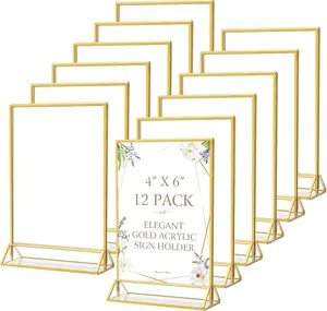 MaxGear 4x6 Gold Acrylic Sign Holder 12 Pack, Wedding Gold Table Number Holders, Double Sided Picture Frame Paper Stand Photo Display, Clear Menu Flyer Stand for Wedding, Home, Restaurant