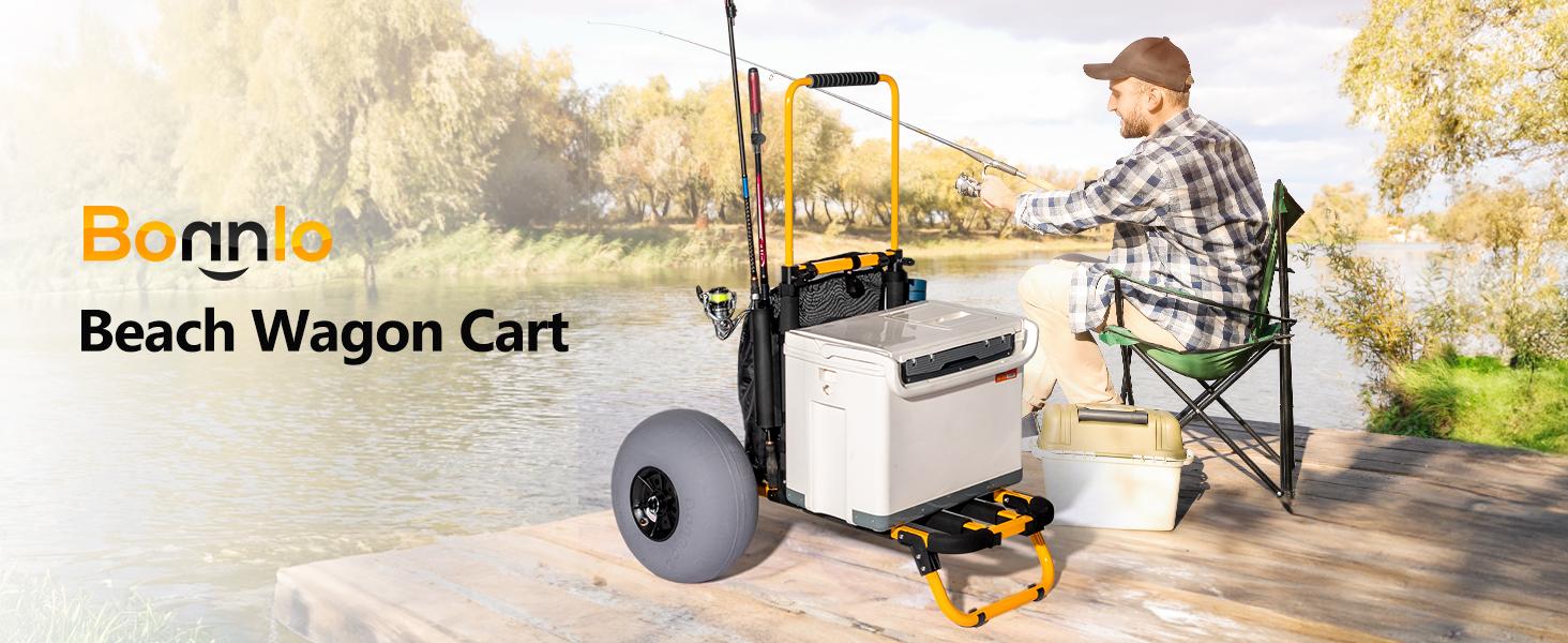 Bonnlo Beach Fishing Cart, Beach Wagon Trolley with 12" Big Balloon Wheels for Sand Foldable Beach Trailer with 23" x 15" Cargo Deck, Fishing Rods Holder, Water Bottle Holder, Mesh Bag, Hand Pump