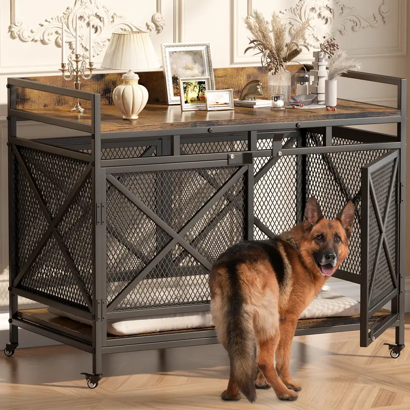 COZPAW Large Wooden Dog Crate Furniture - 48/52/71/78/86in Table-like Home Decor End Table Pet House for XLarge Dogs, Heavy-duty Metal Kennel with 1.0" Thick Tubes, Chew-resist Bars, Caster Wheels & Adjustable Feet, Brown
