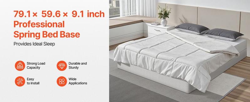 VEVOR Box Spring, Queen Size Bed Frame with Washable Fabric Cloth, Heavy Duty Metal Frame for Queen Bed, 9 in Mattress Foundation, 3500 lbs Max Weight Capacity, Easy Assembly, 79.1L x 59.6W x 9.1H in