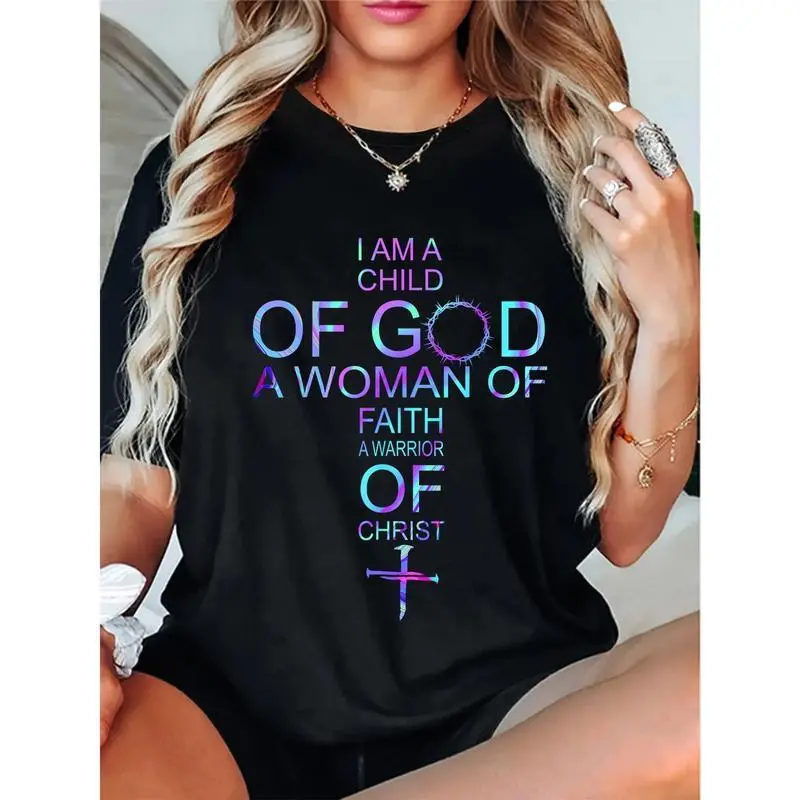180g 100% Women's Christian Faith T-Shirt - "I Am a of God, A Woman of Faith, A Warrior of Christ" Inspirational Short Sleeve Round Neck Casual Tee with Geometric Print, Machine Washable