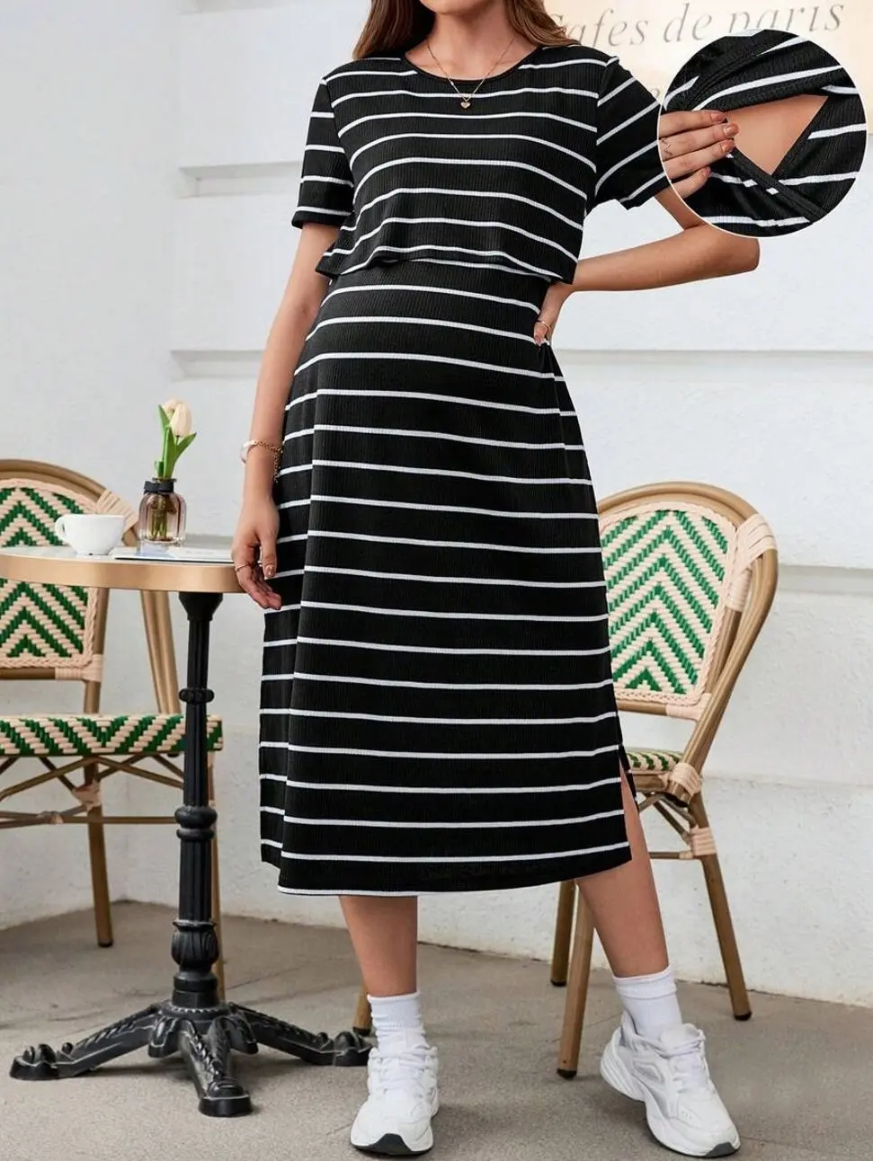Pregnant Women Fashionable Striped Nursing Dress Simple Style Maternity Breastfeeding Dress