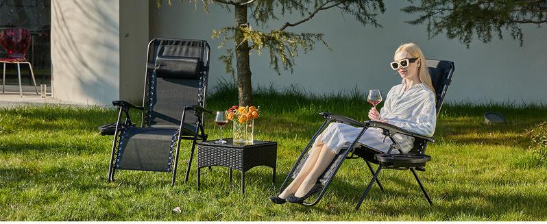 Zero Gravity Set of 2 Folding Lounge Chairs with Cup Holder Trays, Adjustable Pillow, Camping and Poolside Accessory, Outdoor Design