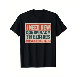 Plus-size men's clothing I NEED NEW CONSPIRACY THEORIES Vintage Distressed Graphic T-Shirt - Black Short Sleeve Crew Neck Tee with Unique Red and Blue Rectangle Design - Ideal Casual Wear for Everyday Outfits and Statement Making