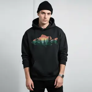 Men's fishing and outdoor adventure Graphic - Cotton Blend Black Long Sleeve Pullover Regular Fit |   Soft & Breathable Fabric, Durable Print, Everyday Comfort, Machine Washable, retro nature-inspired graphic design a scenic landscape featuring a fish