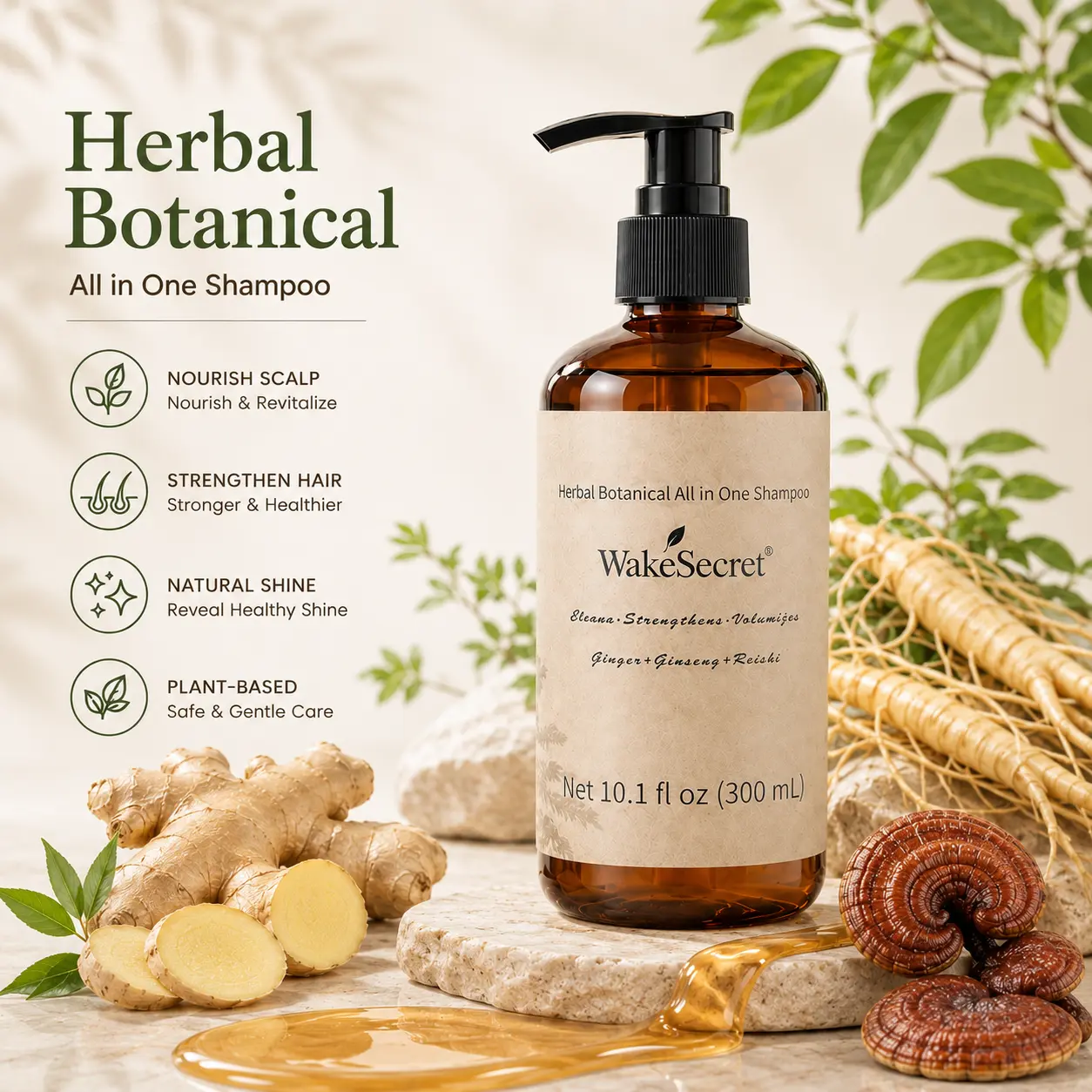 WakeSecret Ginseng & Ginger Herbal Shampoo | Anti-Hair Loss & Root Strengthening | Weightless Volumizing & Oil Control | For All Hair Types & Thinning Hair | 10.1 fl oz