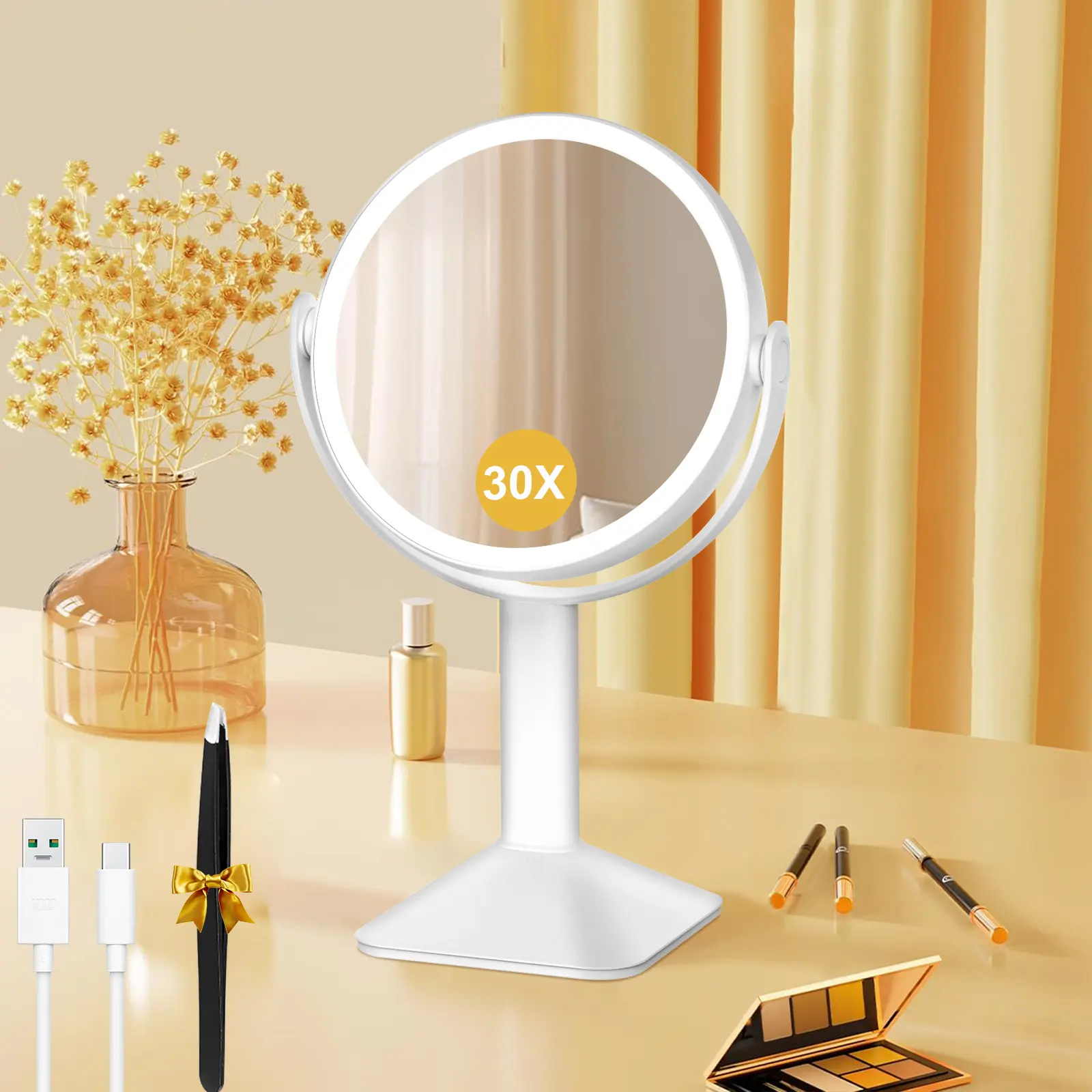 1x/30x Magnifying Makeup Mirror with lights, 2600 mAh Rechargeable Double Sided Vanity Mirror with 3 color light, 360° Rotation, Brightness Adjustable Magnification Cosmetic Light up Mirror with Tweezer, Women Gift
