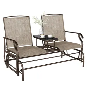 Outsunny Outdoor Glider Bench with Center Table, Metal Frame Patio Loveseat with Breathable Mesh Fabric and Armrests for Backyard Garden Porch, Brown
