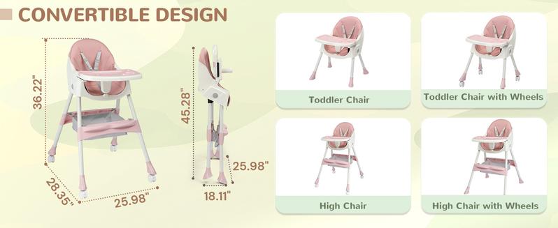 Foldable Baby High Chair, 2-in-1 Portable Convertible Highchair with Removable Dual-Layer Tray, 5-Point Safety Harness and Storage Bag for Toddlers & Babies