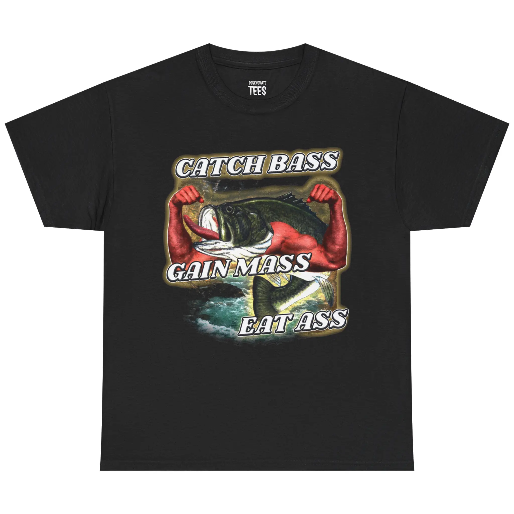 Men's Funny Print Catch Bass Gain Mass T-Shirt - Eco-Cotton All Seasons Sports Top, Machine Washable Fishing Gym Tee