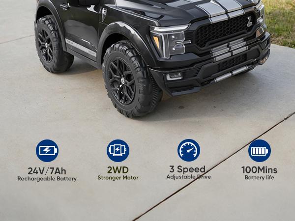 Hikiddo Kids Ride on Car Licensed Ford-Shelby F-150 24V Electric Car Toys for Kids Toddlers w Remote 400W Motor with Bluetooth Music Player Storage Trunk & Three Point Safety Belt