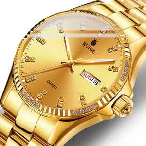 RUIGE Luxury Men's Dual Calendar Water-Resistant Stainless Steel Fashion Watch with Gold Dial and Diamond Accents