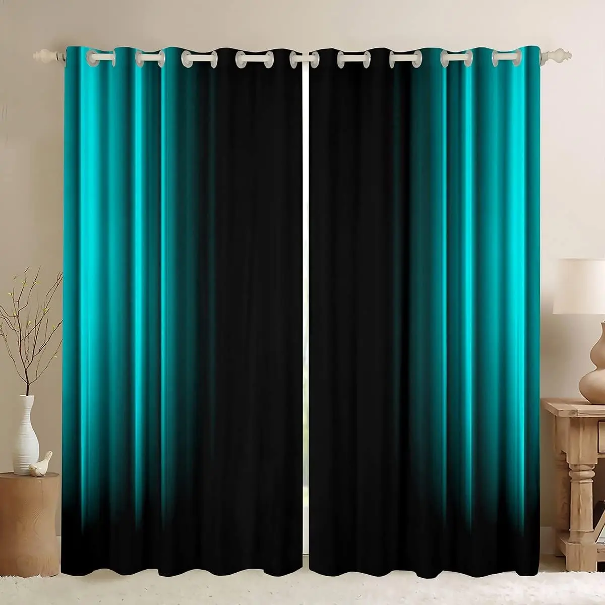 Feelyou Grommet Curtains, 2-Panel Teal & Black Striped Geometric Ombre Velvet Fabric Drapes, High-Def Print Modern Window Treatments, 52x84/42x90 in Sizes, Helps Shield Bedroom View, Dresses Up Bedrooms Fast, for Living Room Decor