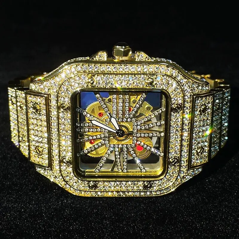MaxBling81 Men's Luxury Iced Out Skeleton Dial Gold Watch - 40mm Rectangle Alloy Case, VVS Simulated Diamond Bling Wrist Watch, Quartz Movement, Adjustable Metal Band with Deployment Clasp, Links Are Removable, Analog Waterproof Dial, Gift-Box