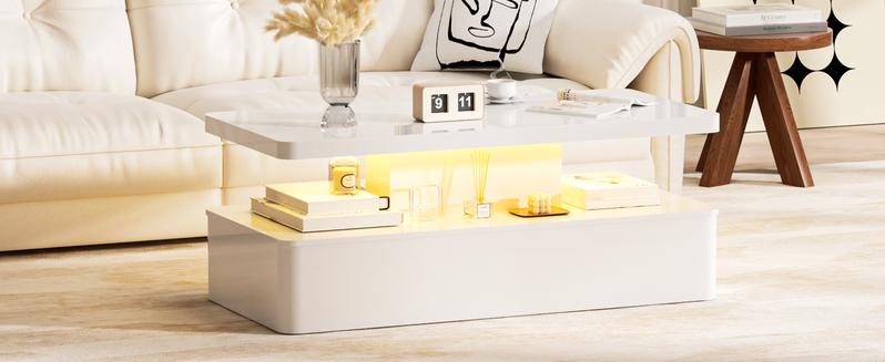 Dragosum Contemporary Coffee Tables for Living Room, LED Coffee Table with Rounded Corner in 16 Colors, High Gloss 2 Tiers Table with Hidden Power Supply