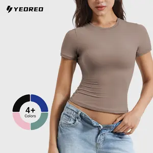 YEOREO Women Fitted Workout Tops Short Sleeve Double Lined Basic Y2K Going Out Crew Neck Compression Crop Top
