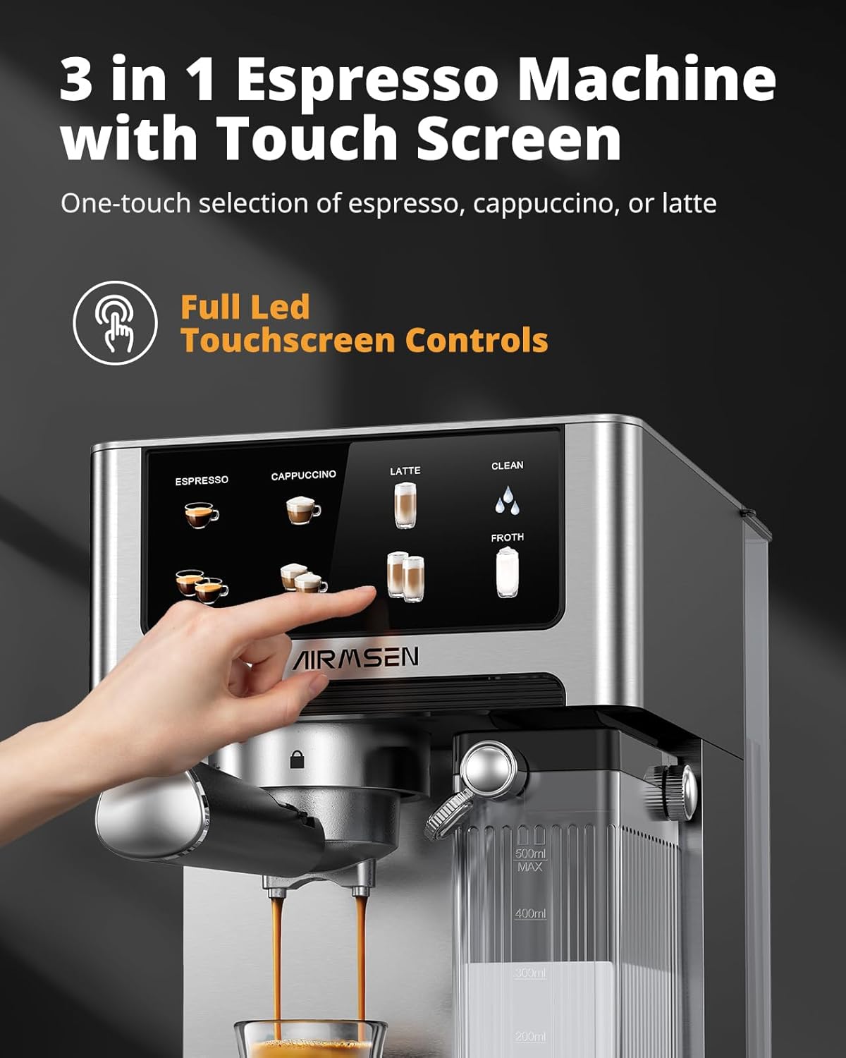 AIRMSEN Automatic All-in-One Coffee Maker, One-Touch Latte Art, Programmable Recipes,Commercial Grade Combo 3-in-1 (Cappuccino/Espresso/Latte) Home&Office 1.8L Large Water Tank,1350w&1000w,Indoor Semi-automatic