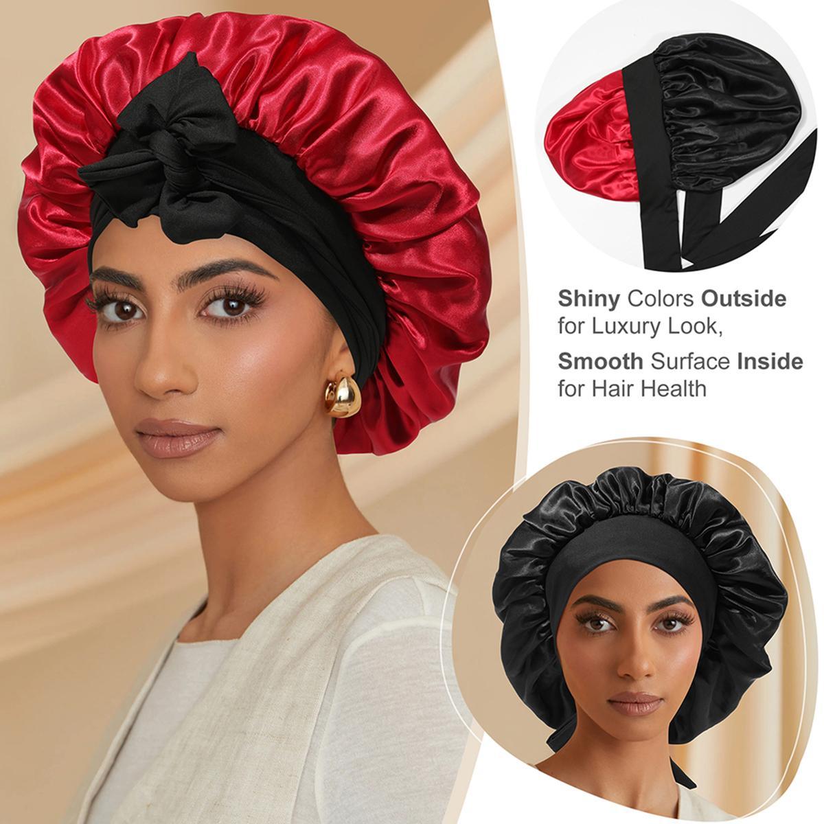 AWAYTR 2PCS/Set Satin Bonnets Silk Like Bonnet for Sleeping Double Layer Hair Cap with Elastic Tie Band for Curly Hair Night Cap Gifts