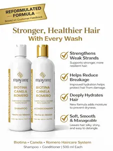 Mayam Beauty REFORMULATED Biotina Canela Romero Shampoo & Conditioner Set – 2 Pieces, 500 ml Each | Sulfate-Free Strengthening Haircare Duo for Healthier, Fuller-Looking Hair | Made in Mexico