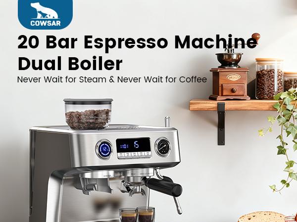 COWSAR Espresso Machine, 58mm professional brewing system, dual boiler system, PID intelligent temperature control, integrated conical burr grinding system, espresso machine with 58mm stainless steel funnel