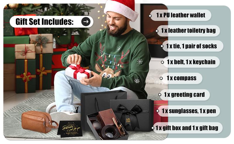 10 Pcs Valentine Gift for Men Dad Gift Set with Leather Tray Tumbler Toiletry Travel Bag Sock Scented Candle Wood Knife, Leather Gift Box From Son Daughter Wife for Father's Day Holiday Anniversary Birthday