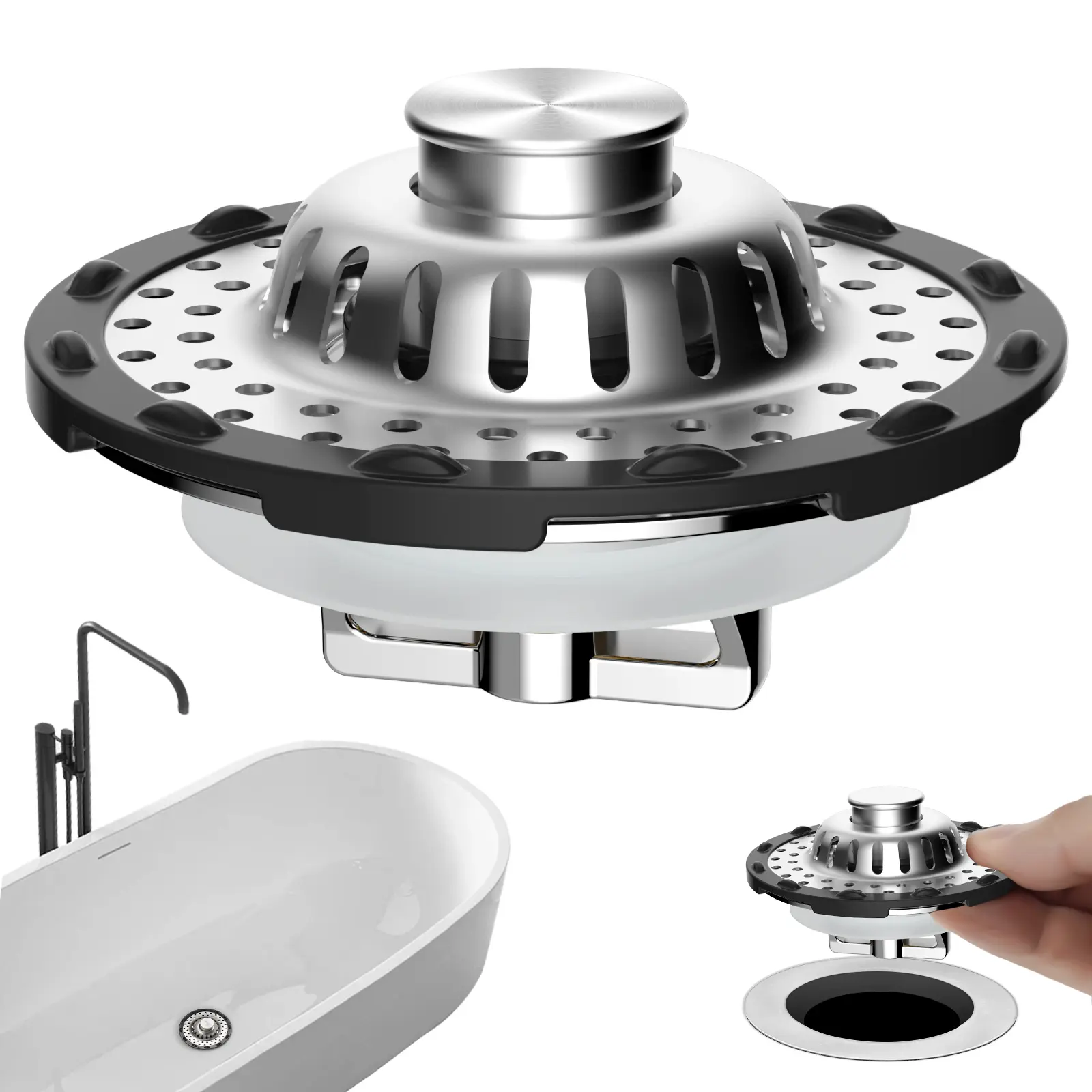 Hibbent Universal Bathtub Drain Stopper Shower Drain Hair Catcher, Tub Stopper with Visible Top Strainer, Upgraded 3 in 1 Pop-up Drain Plug Fit for 1.5 to 2.4" Hole, Stainless Steel Filter Basket, Chrome