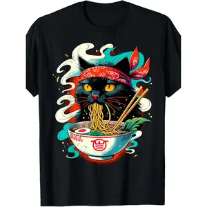Festive Delight |   Men's Cute Cat Ramen Graphic T-Shirt - 100% Cotton, Crew Neck, Short Sleeve, Regular Fit, All-Season Casual Wear, Ideal for Valentine's, New Year's, Father's Day, Christmas,Whimsical Design |   Comfortable Fit