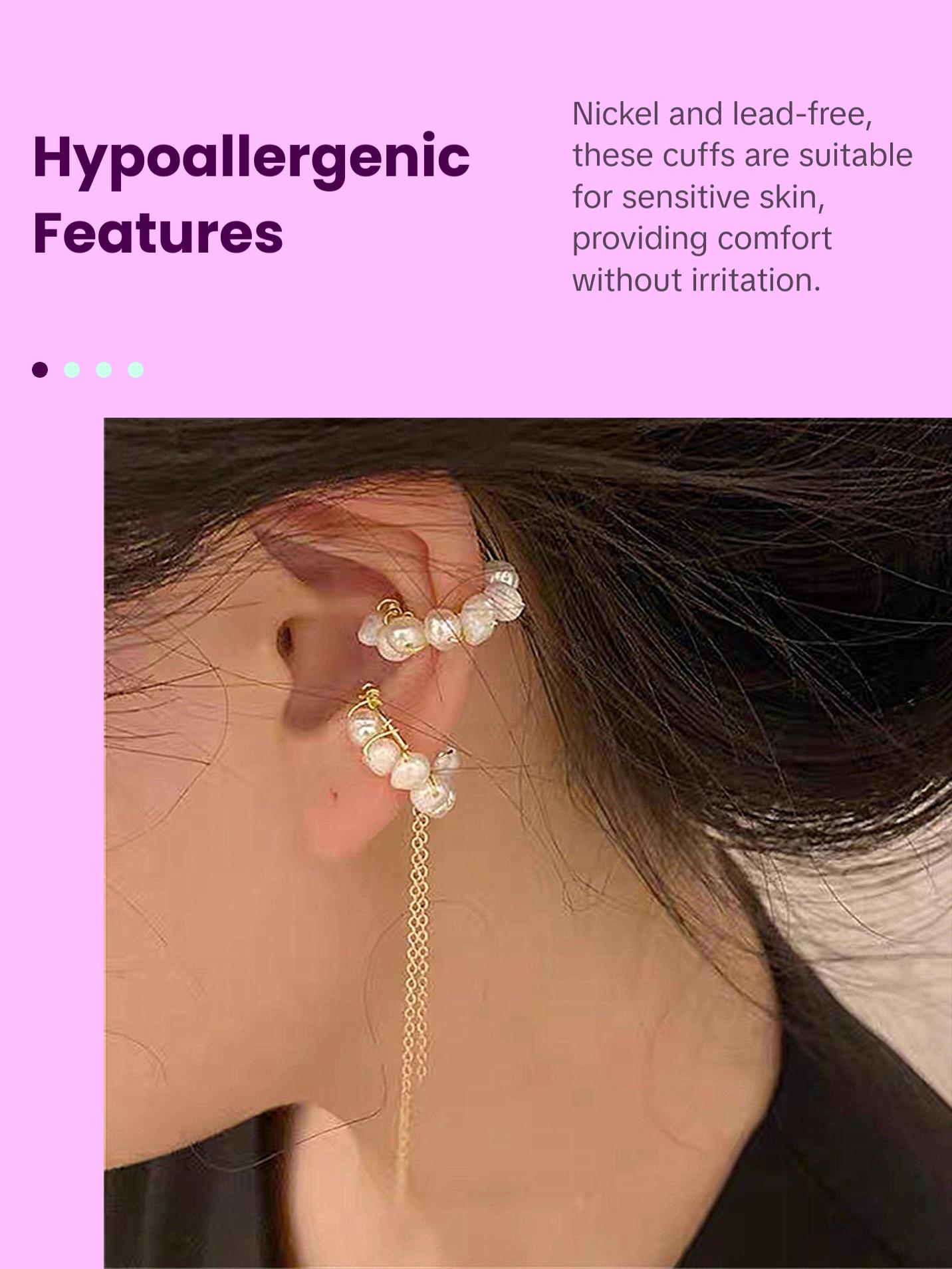 No Piercing Natural Pearl Ear Climber - Arc Gold Dangle Conch Helix Cuff Earrings